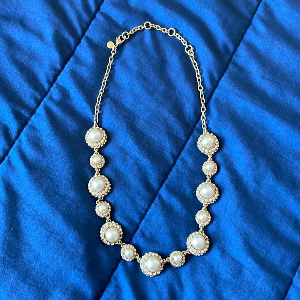 J CREW Crystal & Pearl Asymmetrical Statement Necklace